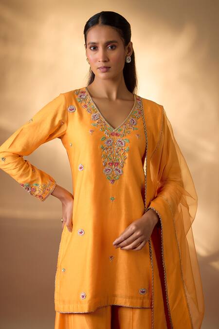 Shop The Aarya Yellow Chanderi, Organza Embroidery, Zari V-neck Zardozi Kurta Set Online at Aza Fashions Shop_The Aarya_Yellow Chanderi, Organza Embroidery, Zari V-neck Zardozi Kurta Set _Online_at_Aza_Fashions