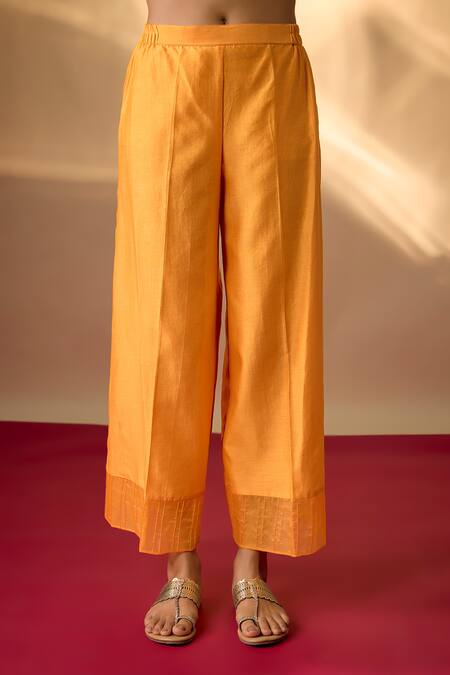 The Aarya_Yellow Chanderi, Organza Embroidery Split V-neck Zardozi Kurta Pant Set _Online_at_Aza_Fashions