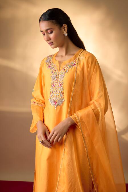 Shop_The Aarya_Yellow Chanderi, Organza Embroidery Split V-neck Zardozi Kurta Pant Set _Online_at_Aza_Fashions