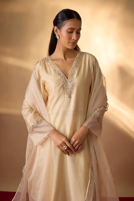 The Aarya_Beige Chanderi, Organza Embroidery V-neck Zardozi Kurta Set _at_Aza_Fashions