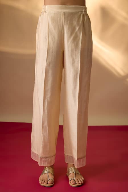 Buy_The Aarya_Beige Chanderi, Organza Embroidery V-neck Zardozi Kurta Set _Online_at_Aza_Fashions