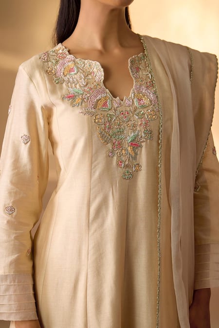 The Aarya_Beige Chanderi, Organza Embroidery V-neck Zardozi Anarkali Set _Online_at_Aza_Fashions