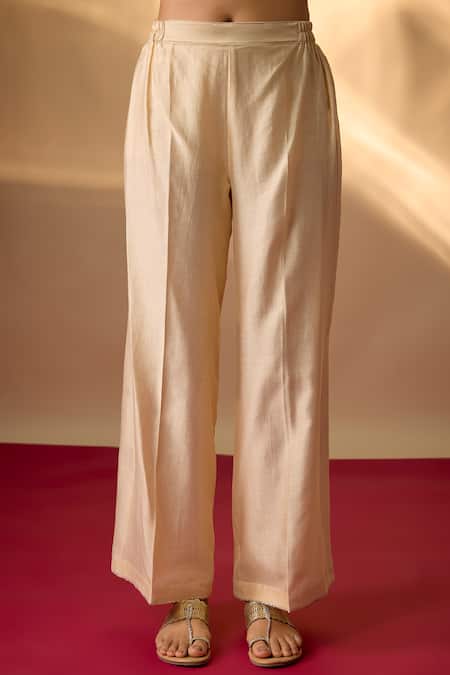 Buy_The Aarya_Beige Chanderi, Organza Embroidery V-neck Zardozi Anarkali Set _Online_at_Aza_Fashions