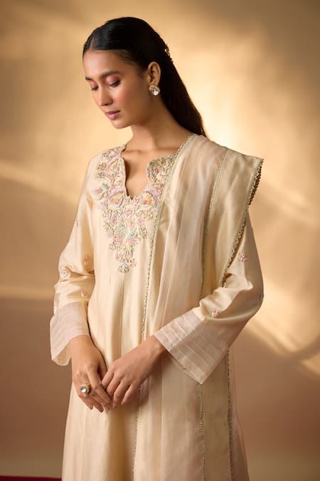 Shop_The Aarya_Beige Chanderi, Organza Embroidery V-neck Zardozi Anarkali Set _Online_at_Aza_Fashions