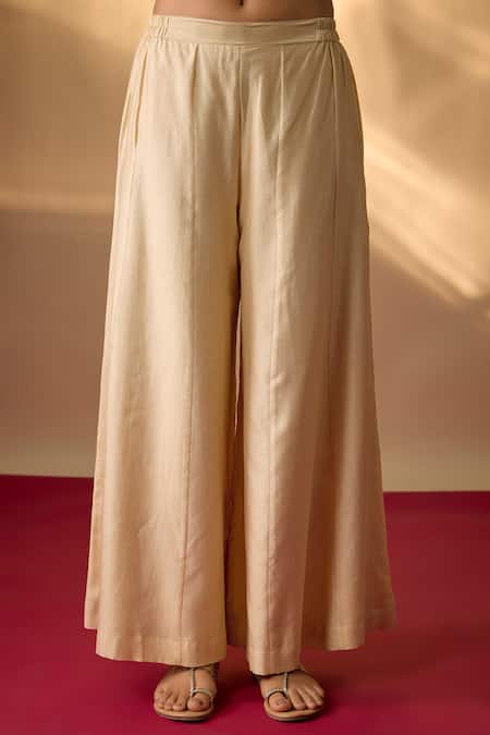 Shop_The Aarya_Beige Chanderi, Organza Embroidery, Zari V-neck Zardozi Floral Kurta Set _Online_at_Aza_Fashions