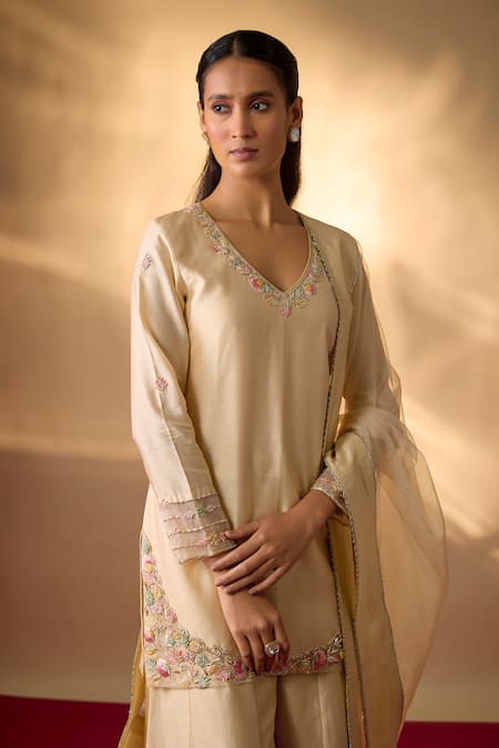 The Aarya_Beige Chanderi, Organza Embroidery, Zari V-neck Zardozi Floral Kurta Set _at_Aza_Fashions