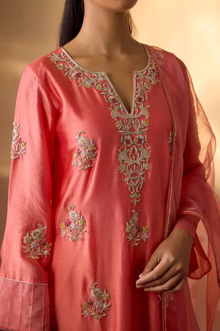Shop_The Aarya_Coral Chanderi, Organza Embroidery, Zari Split V-neck Kurta Set _Online_at_Aza_Fashions