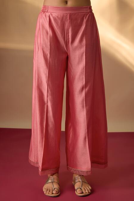 The Aarya_Coral Chanderi, Organza Embroidery, Zari V-neck Zardozi Kurta Set _Online_at_Aza_Fashions