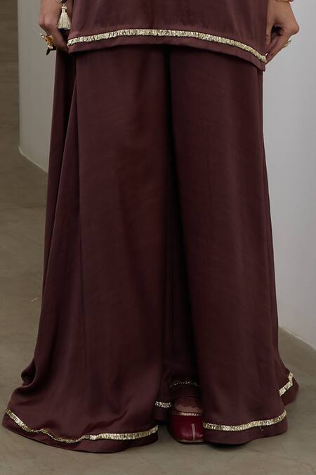 Sheela Suthar_Brown Silk, Organza Embroidery, Sequins Split V-neck Short Kurta And Sharara Set _Online_at_Aza_Fashions