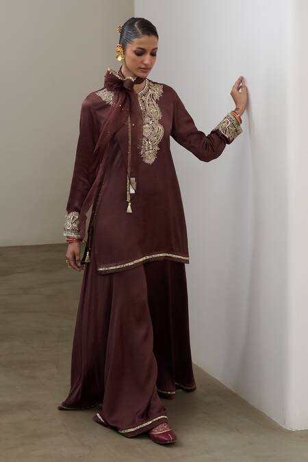 Buy_Sheela Suthar_Brown Silk, Organza Embroidery, Sequins Split V-neck Short Kurta And Sharara Set _Online_at_Aza_Fashions
