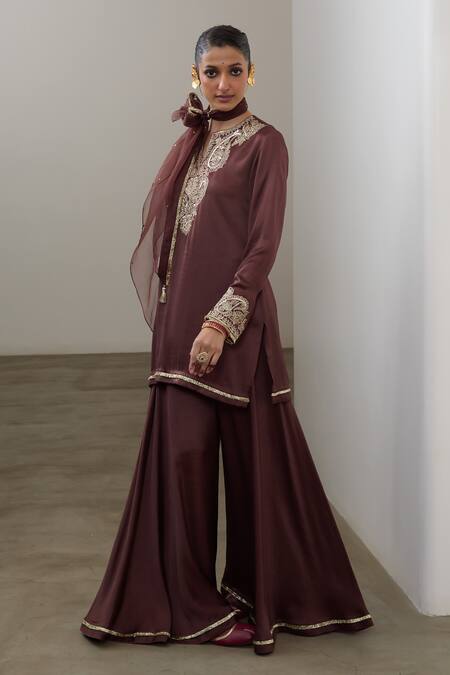 Shop_Sheela Suthar_Brown Silk, Organza Embroidery, Sequins Split V-neck Short Kurta And Sharara Set _Online_at_Aza_Fashions