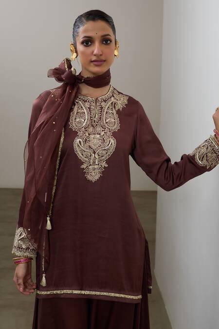 Buy_Sheela Suthar_Brown Silk, Organza Embroidery, Sequins Split V-neck Short Kurta And Sharara Set 