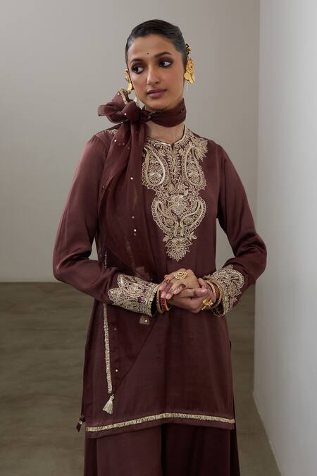 Shop_Sheela Suthar_Brown Silk, Organza Embroidery, Sequins Split V-neck Short Kurta And Sharara Set 