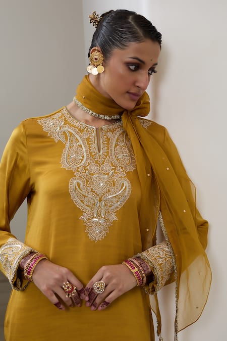 Buy_Sheela Suthar_Mustard Silk, Organza Embroidery, Sequins Split V-neck Badla Kurta Sharara Set 