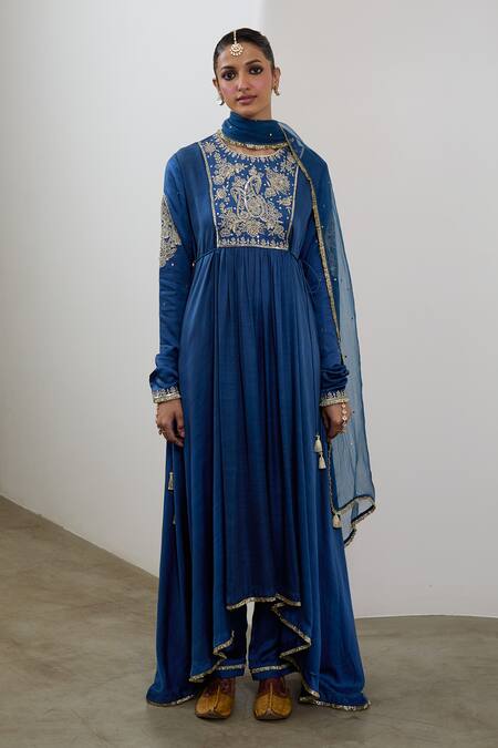 Buy_Sheela Suthar_Blue Silk, Organza Embroidery, Sequins Round Neck Asymmetric Anarkali Set _Online_at_Aza_Fashions