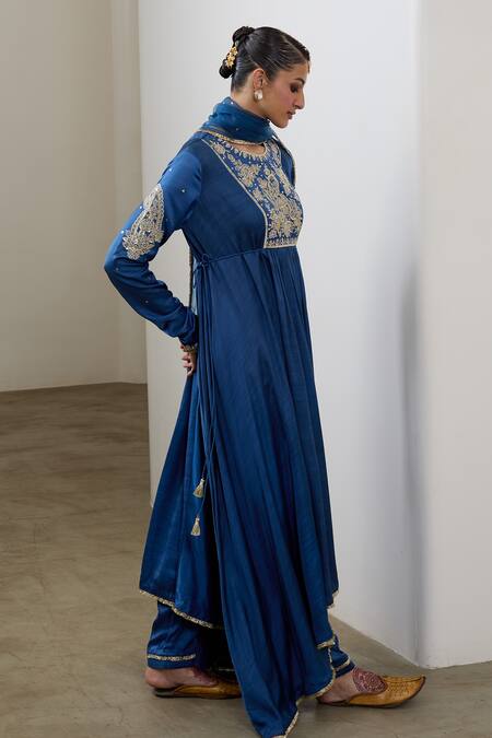 Shop_Sheela Suthar_Blue Silk, Organza Embroidery, Sequins Round Neck Asymmetric Anarkali Set _Online_at_Aza_Fashions