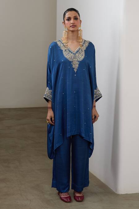 Shop_Sheela Suthar_Blue Silk Embroidery, Sequins, Metallic Thread V-neck Kaftan And Pant Set _Online_at_Aza_Fashions