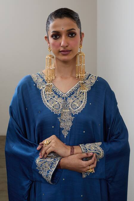Sheela Suthar_Blue Silk Embroidery, Sequins, Metallic Thread V-neck Kaftan And Pant Set _at_Aza_Fashions