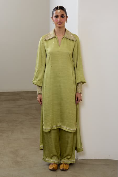 Sheela Suthar_Green Silk Embroidery, Sequins Collared, V-neck High-low Kurta And Pant Set _Online_at_Aza_Fashions