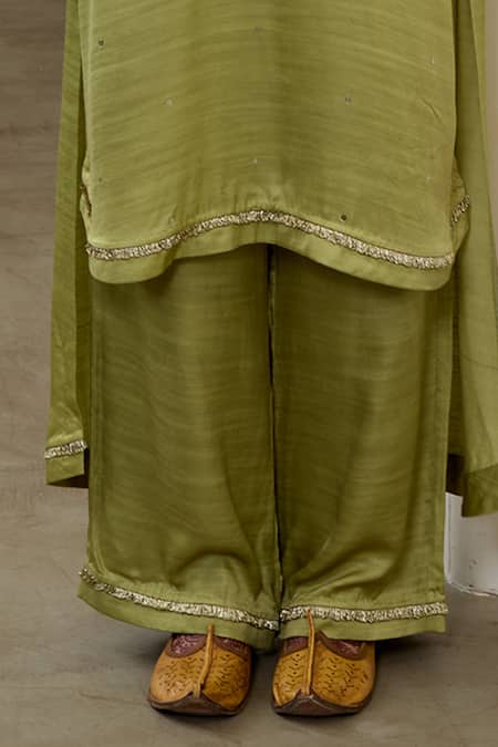 Shop_Sheela Suthar_Green Silk Embroidery, Sequins Collared, V-neck High-low Kurta And Pant Set _Online_at_Aza_Fashions