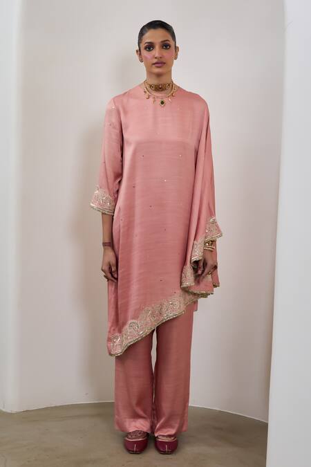 Shop_Sheela Suthar_Peach Silk Embroidery, Sequins Round Neck One Sleeve Asymmetric Cape And Pant Set _Online_at_Aza_Fashions