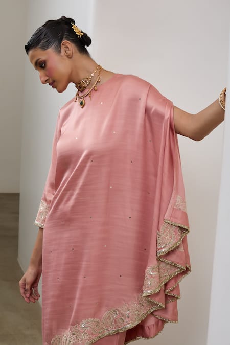 Shop_Sheela Suthar_Peach Silk Embroidery, Sequins Round Neck One Sleeve Asymmetric Cape And Pant Set 