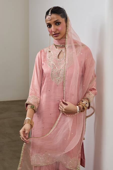 Buy_Sheela Suthar_Peach Silk, Organza Embroidery, Ek Taar Resham And Badla Kurta & Gharara Set _Online_at_Aza_Fashions