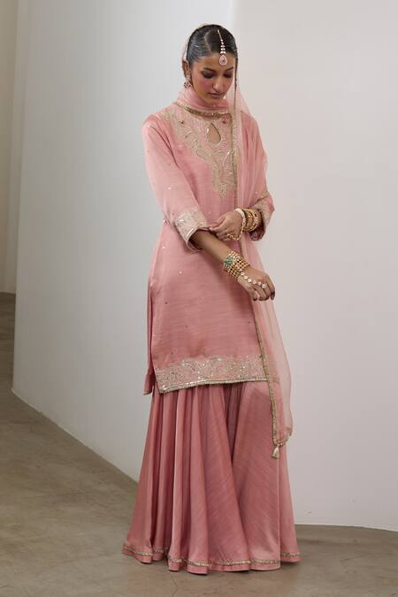 Shop_Sheela Suthar_Peach Silk, Organza Embroidery, Ek Taar Resham And Badla Kurta & Gharara Set _Online_at_Aza_Fashions