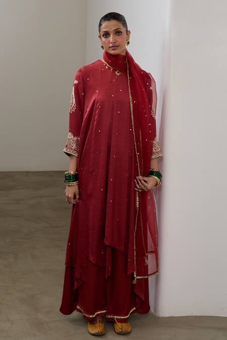 Shop_Sheela Suthar_Red Silk, Organza Embroidery, Sequins, Zari Round Neck Asymmetric Anarkali Set _Online_at_Aza_Fashions