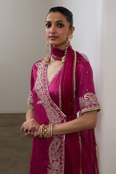 Sheela Suthar_Magenta Silk, Organza Embroidery, Sequins, Gota Short Angarkha Kurta And Pant Set _Online_at_Aza_Fashions