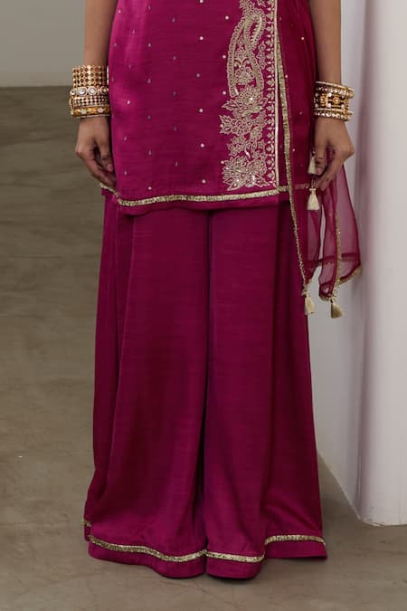 Buy_Sheela Suthar_Magenta Silk, Organza Embroidery, Sequins, Gota Short Angarkha Kurta And Pant Set _Online_at_Aza_Fashions