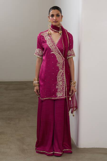 Shop_Sheela Suthar_Magenta Silk, Organza Embroidery, Sequins, Gota Short Angarkha Kurta And Pant Set _Online_at_Aza_Fashions