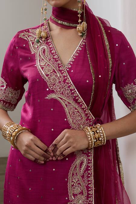 Sheela Suthar_Magenta Silk, Organza Embroidery, Sequins, Gota Short Angarkha Kurta And Pant Set _at_Aza_Fashions