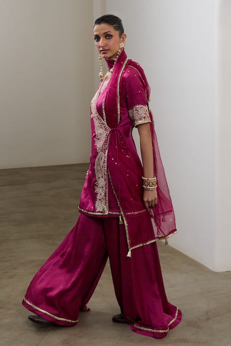 Buy_Sheela Suthar_Magenta Silk, Organza Embroidery, Sequins, Gota Short Angarkha Kurta And Pant Set 