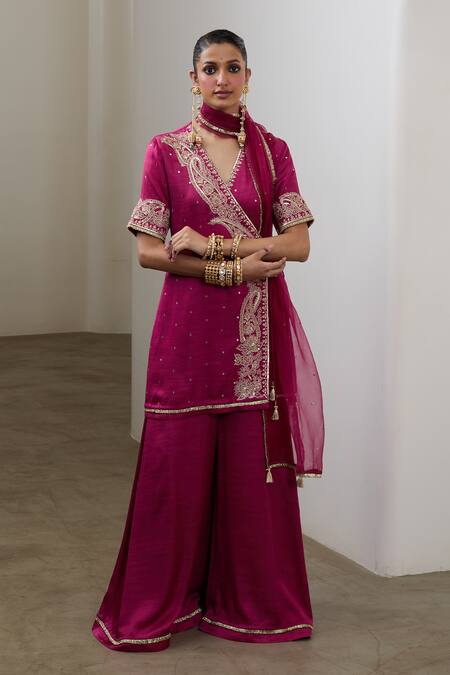 Shop_Sheela Suthar_Magenta Silk, Organza Embroidery, Sequins, Gota Short Angarkha Kurta And Pant Set 