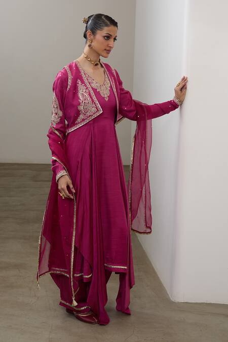 Shop_Sheela Suthar_Magenta Silk, Organza Embroidery, Sequins, Zari V-neck Bolero And Kurta Set _Online_at_Aza_Fashions