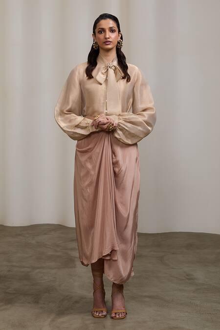 Sheela Suthar_Gold Tissue, Crepe Beads, Pearls Collared Glass And Embroidered Shirt With Skirt _Online_at_Aza_Fashions