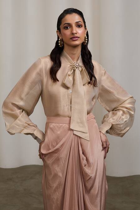 Shop_Sheela Suthar_Gold Tissue, Crepe Beads, Pearls Collared Glass And Embroidered Shirt With Skirt _Online_at_Aza_Fashions