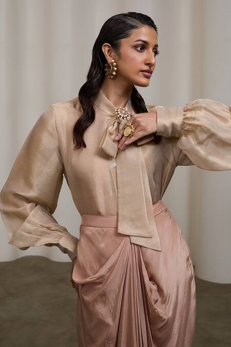 Sheela Suthar_Gold Tissue, Crepe Beads, Pearls Collared Glass And Embroidered Shirt With Skirt _at_Aza_Fashions