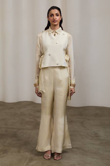 Sheela Suthar_Ivory Tissue Beads, Pearls, Embroidery Collared, Round Bib Jacket And Pant Set _Online_at_Aza_Fashions
