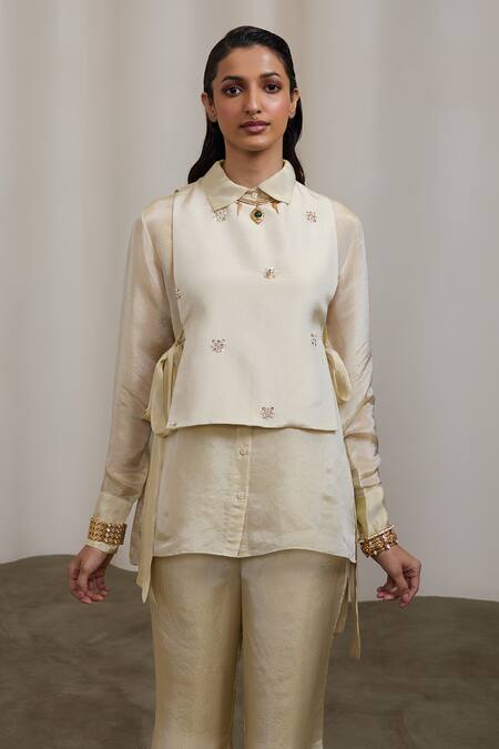 Shop_Sheela Suthar_Ivory Tissue Beads, Pearls, Embroidery Collared, Round Bib Jacket And Pant Set _Online_at_Aza_Fashions