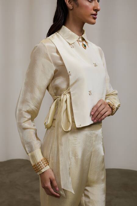 Sheela Suthar_Ivory Tissue Beads, Pearls, Embroidery Collared, Round Bib Jacket And Pant Set _at_Aza_Fashions