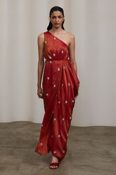 Sheela Suthar_Red Tissue Beads, Pearls, Embroidery One Shoulder Pleated Dress _Online_at_Aza_Fashions
