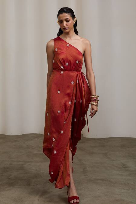 Buy_Sheela Suthar_Red Tissue Beads, Pearls, Embroidery One Shoulder Pleated Dress _Online_at_Aza_Fashions