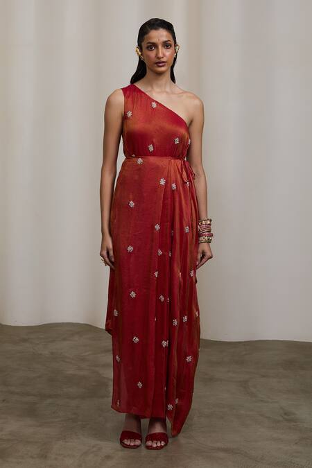 Shop_Sheela Suthar_Red Tissue Beads, Pearls, Embroidery One Shoulder Pleated Dress _Online_at_Aza_Fashions
