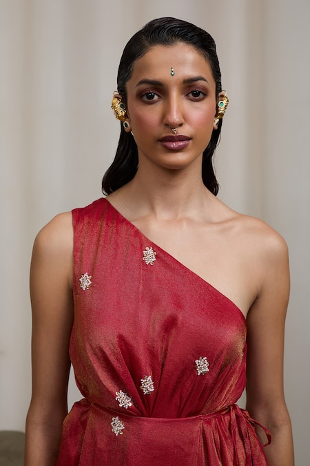 Sheela Suthar_Red Tissue Beads, Pearls, Embroidery One Shoulder Pleated Dress _at_Aza_Fashions