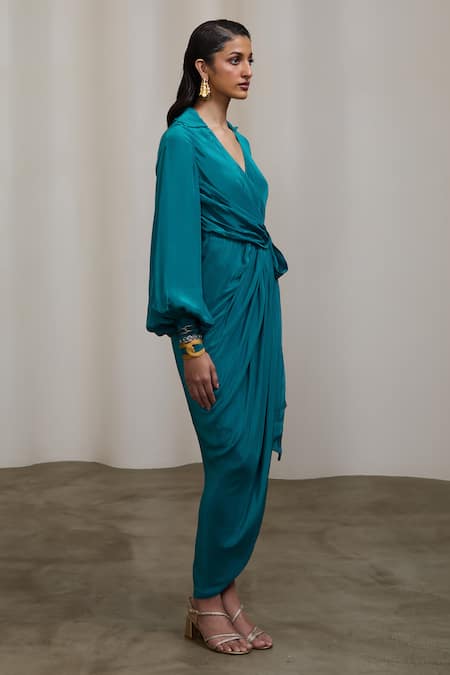 Sheela Suthar_Teal Crepe V-neck, Collared Wrap Dress With Balloon Sleeves _Online_at_Aza_Fashions