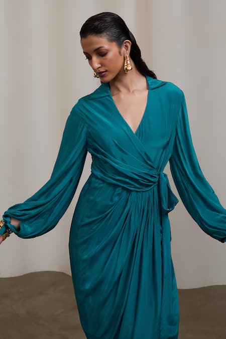 Shop_Sheela Suthar_Teal Crepe V-neck, Collared Wrap Dress With Balloon Sleeves _Online_at_Aza_Fashions