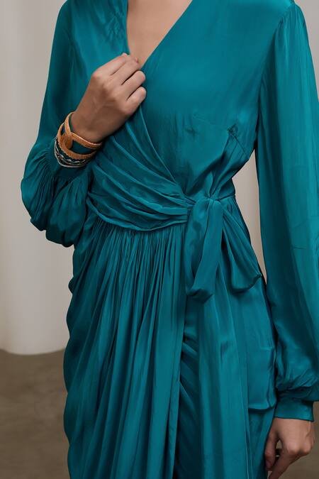 Buy_Sheela Suthar_Teal Crepe V-neck, Collared Wrap Dress With Balloon Sleeves 