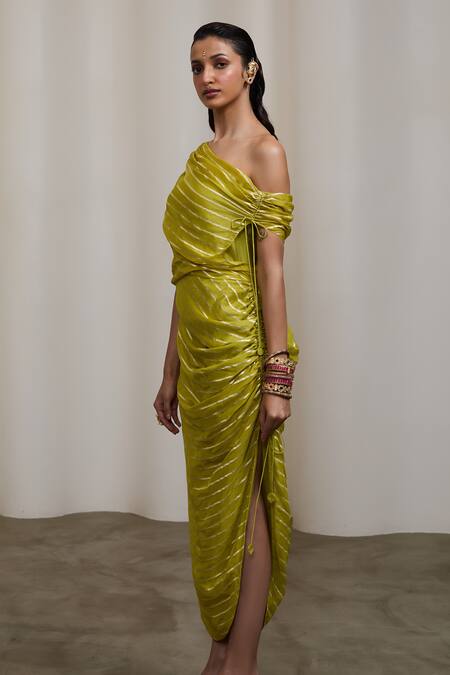 Sheela Suthar Green Silk One Shoulder Ruched Dress Online at Aza Fashions Sheela Suthar_Green Silk One Shoulder Ruched Dress _Online_at_Aza_Fashions